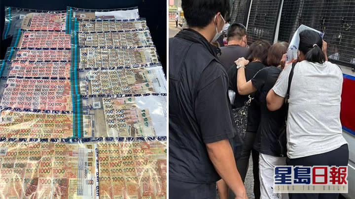 行動中，警方拘捕64名男女，又檢獲9副啤牌、一批賭具及約21萬元賭款。警方提供