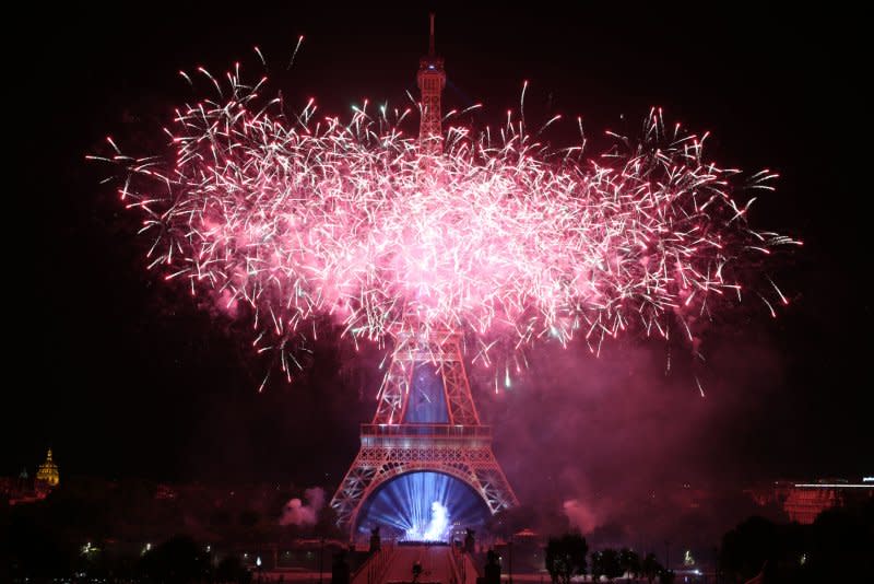 The Eiffel Tower is lit by fireworks on Bastille Day in Paris July 14. On April 25, 1792, "La Marseillaise," composed by Claude Joseph Rouget de Lisle, became the French national anthem. File Photo by Maya Vidon-White/UPI