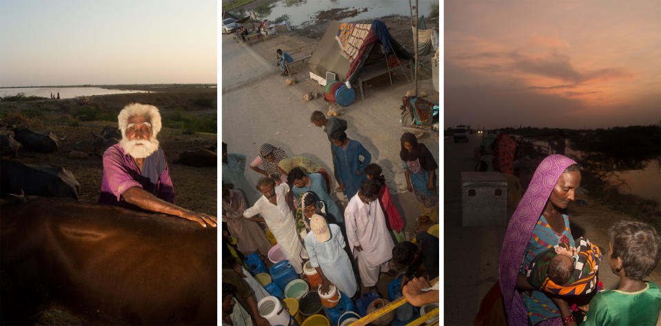 <b>Left:</b> Bughio, an elderly man at a settlement near Sohni Lath, Thatta, Sept. 8; <b>Center:</b> Internally displaced persons (IDPs) gather around a drinking water tanker at Jhuddo Bypass road, Sept. 9; <b>Right:</b> A displaced family at Jhuddo Bypass road, Sept. 9.<span class="copyright">Hassaan Gondal for TIME</span>