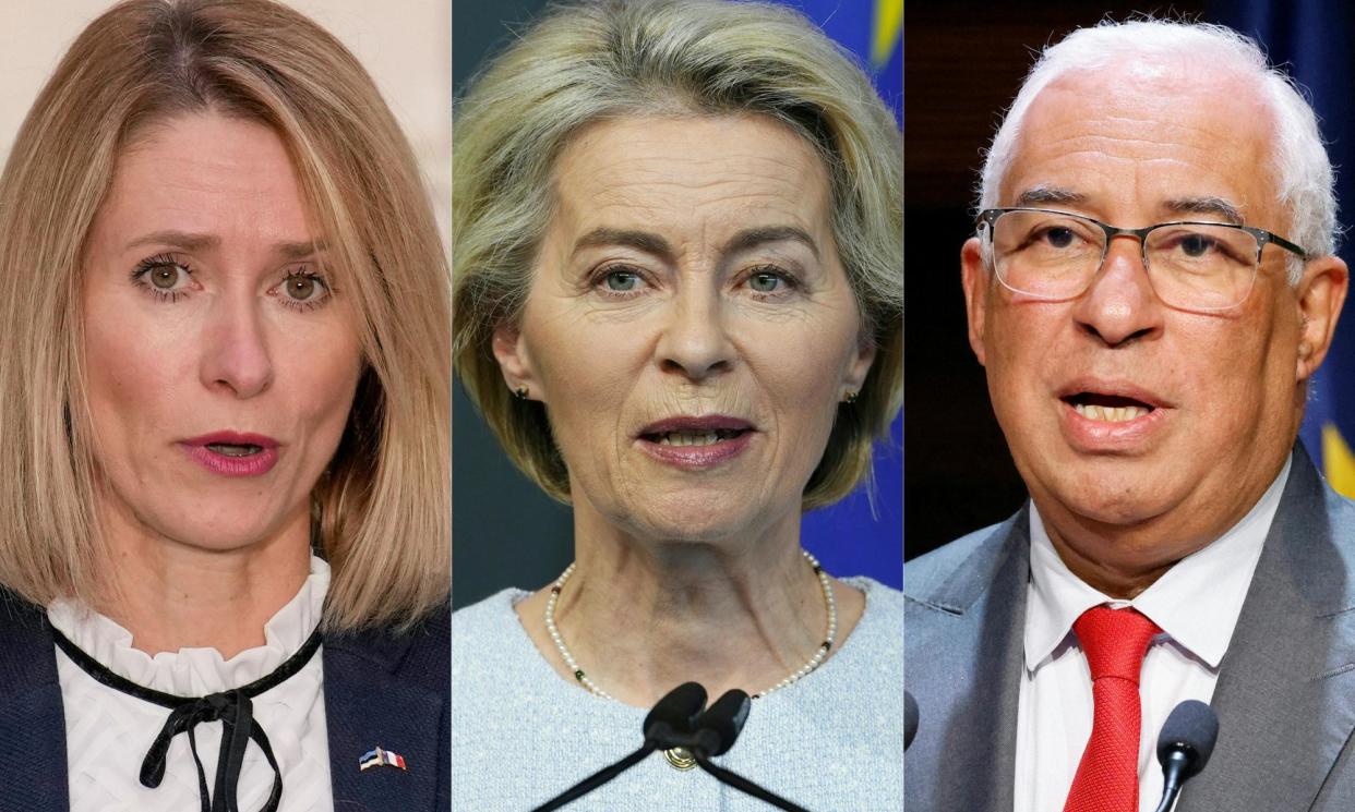 <span>(From left) Estonia’s Kaja Kallas, Ursula von der Leyen and Portugal's Antonio Costa represent a political, geographical and gender balance, but Hungary’s Victor Orbán says the deal ‘sows the seeds of division’.</span><span>Composite: Christophe Enadimitar Dilkoffludovic Marin/AFP/Getty Images</span>