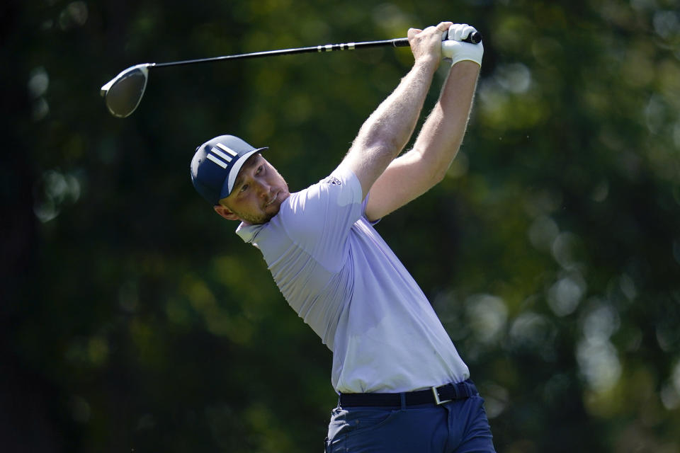 Daniel Berger tees off on the fifth hole during the first round of the BMW Championship golf tournament, Thursday, Aug. 26, 2021, at Caves Valley Golf Club in Owings Mills, Md. (AP Photo/Julio Cortez)