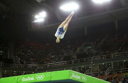 2016 Rio Olympics - Trampoline Gymnastics - Final - Women's Final - Rio Olympic Arena - Rio de Janeiro, Brazil - 12/08/2016. Bryony Page (GBR) of Britain performs her final routine. REUTERS/Mike Blake