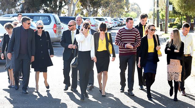 Stephanie's parents, siblings, fiance and relatives leave court in Griffith. Photo: AAP