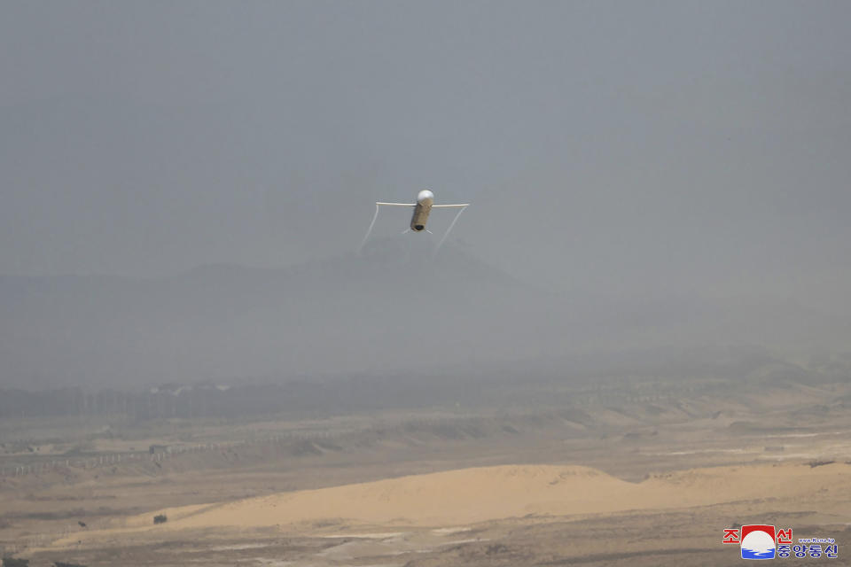 This photo provided by the North Korean government, shows what it says a test launch of a Hwasal strategic cruise missile during an exercise in South Hamgyong province, North Korea Wednesday, March 22, 2023. Independent journalists were not given access to cover the event depicted in this image distributed by the North Korean government. The content of this image is as provided and cannot be independently verified. Korean language watermark on image as provided by source reads: "KCNA" which is the abbreviation for Korean Central News Agency. (Korean Central News Agency/Korea News Service via AP)