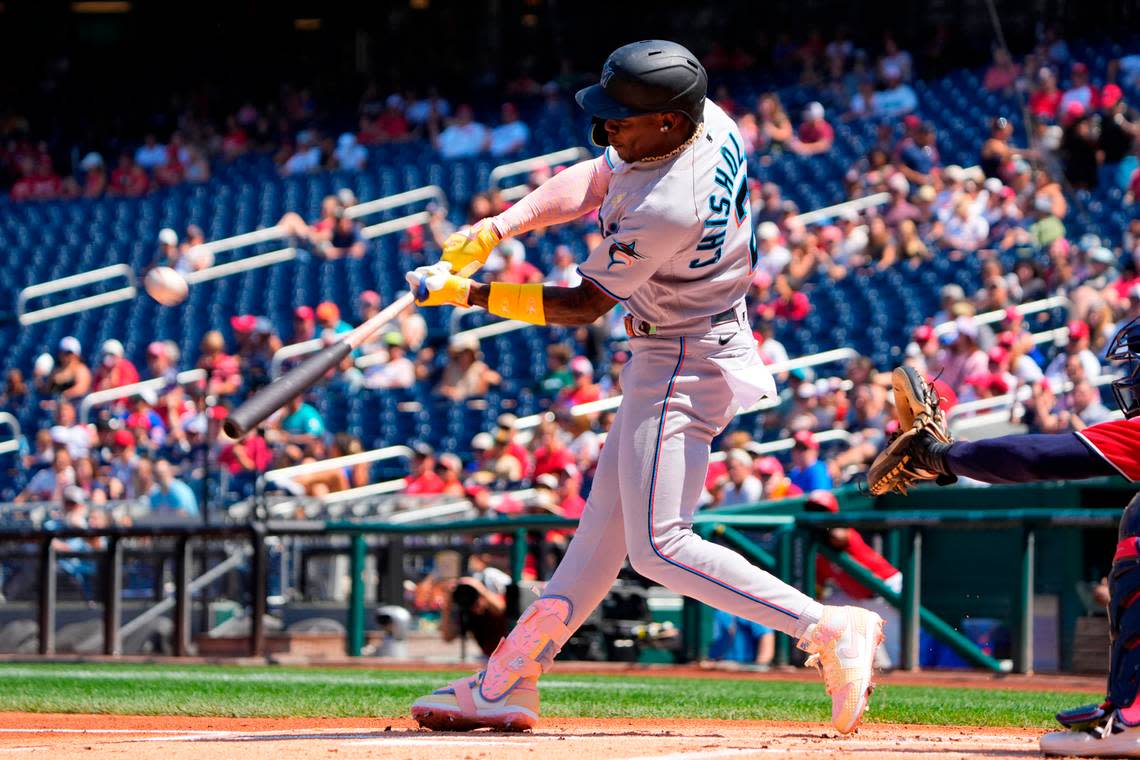 Sep 3, 2023; Washington, District of Columbia, USA; Miami Marlins center fielder Jazz Chisholm Jr. (2) hits a double against the Washington Nationals during the first inning at Nationals Park.