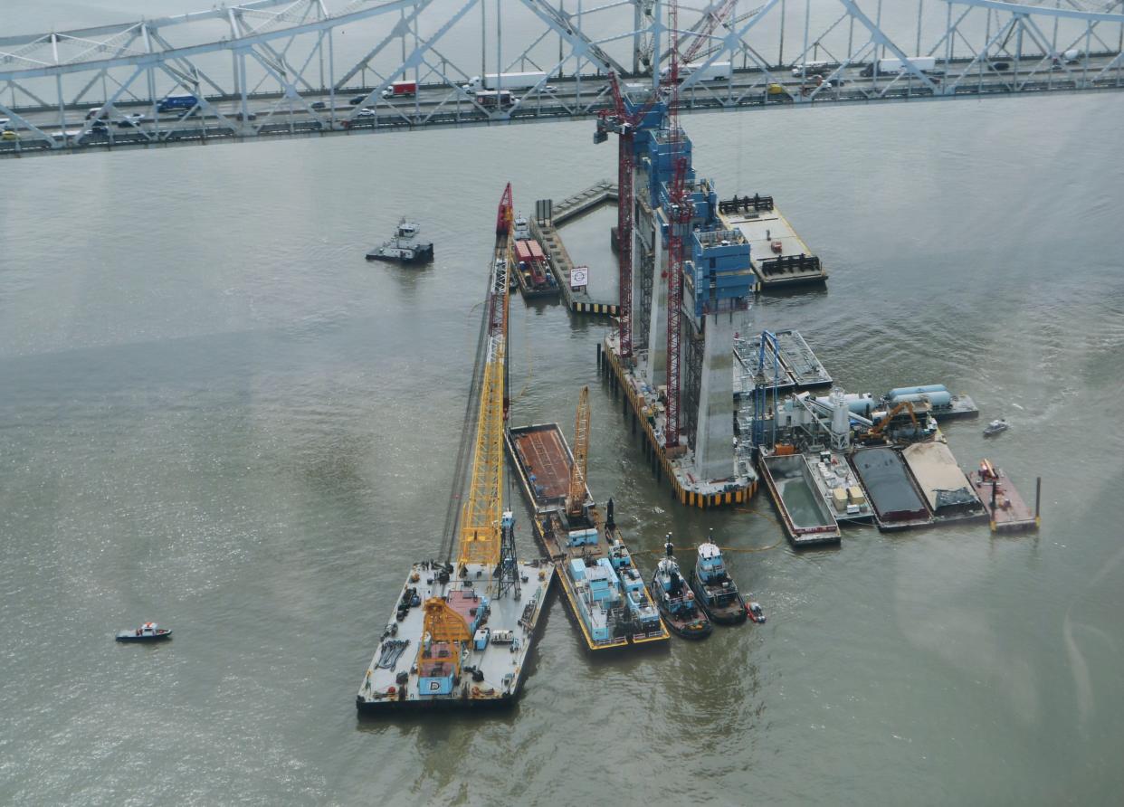 An aerial photo of the crane Chesapeake 1000, provided by the Westchester County Police, shot the day before the tugboat Specialist was raised to the surface of the Hudson River under the Tappan Zee Bridge, March 24, 2016. This crane is now being used to clean up the wreckage of the Francis Scott Key Bridge in Baltimore after the span collapsed.
