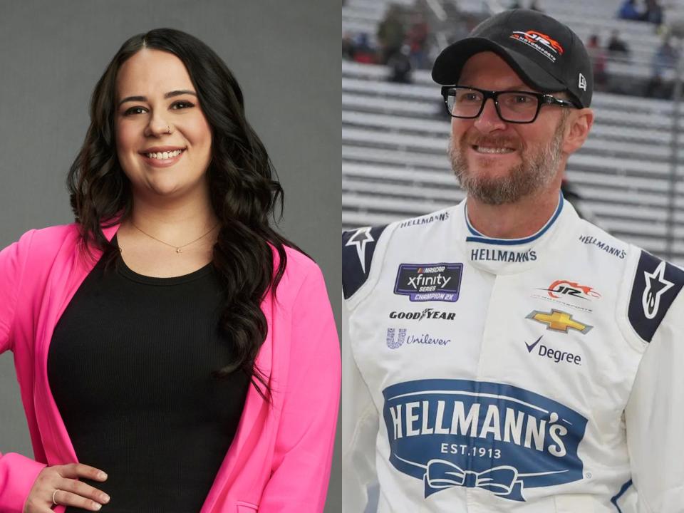 left: karsyn elledge, a young woman in a pink cardigan; right: dale earnhardt jr. smilng and wearing a racing uniform