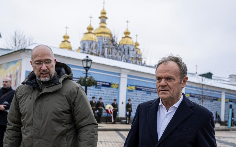 Ukrainian prime minister Denys Shmyhal and Polish counterpart Donald Tusk in Kyiv