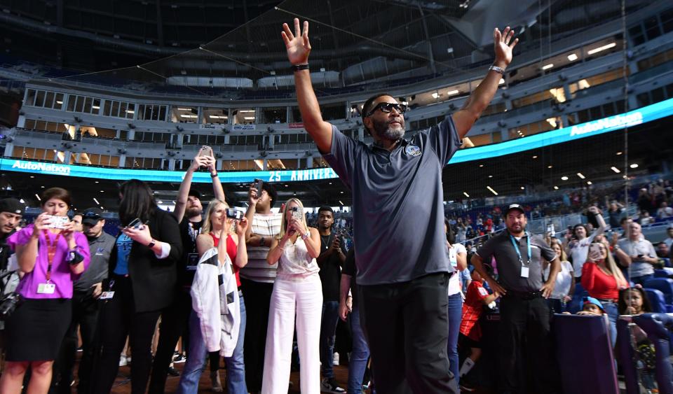 Gary Sheffield, member of the 1997 Florida Marlins World Series team, is honored with other teammates Saturday as the Marlins commemorate the 25th anniversary of that championship before the game against the Milwaukee Brewers at loanDepot Park.