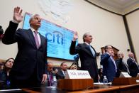 FILE PHOTO: Jamie Dimon, chairman & CEO of JP Morgan Chase & Co., James P. Gorman, chairman & CEO of Morgan Stanley, and other bank CEOs are sworn in before a House Financial Services Committee hearing on Capitol Hill in Washington