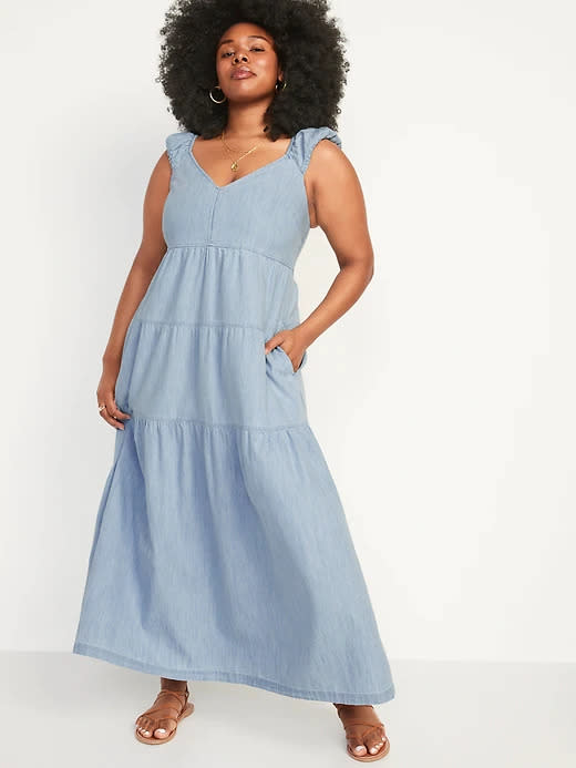 Chambray Tiered All-Day Fit & Flare Maxi Dress. Image via Old Navy.