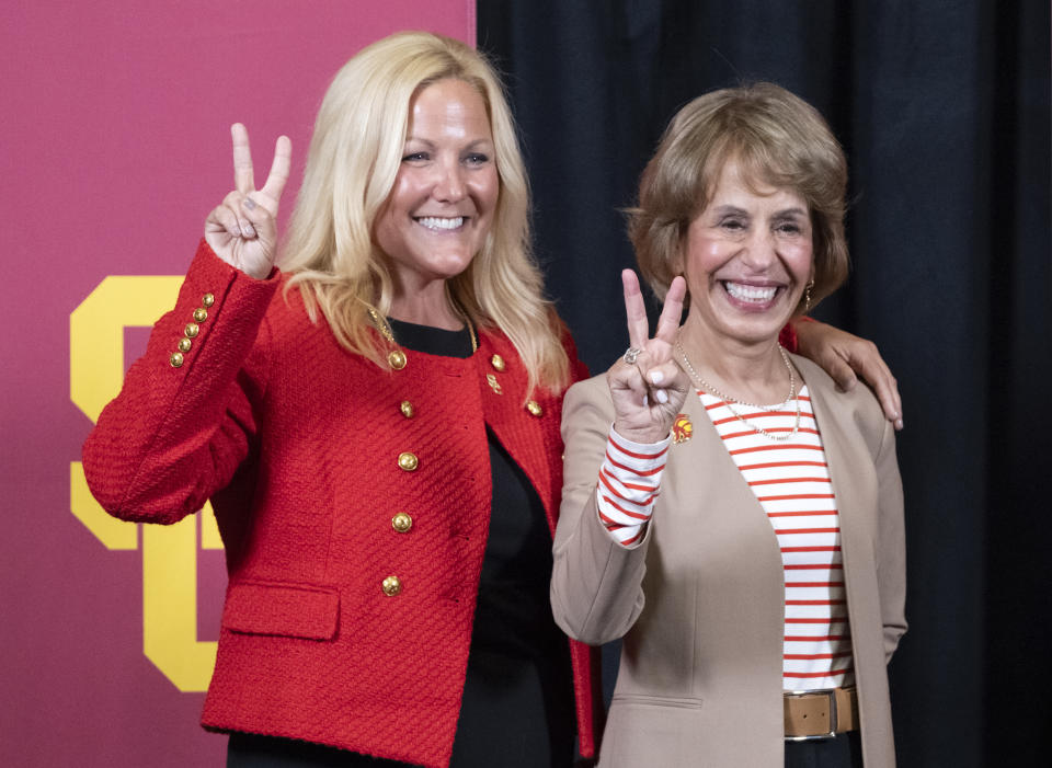 Southern California president Carol L. Folt, right, introduces Jennifer Cohen, left, as athletic director at the university in Los Angeles, Monday, Aug. 21, 2023. (AP Photo/Richard Vogel)