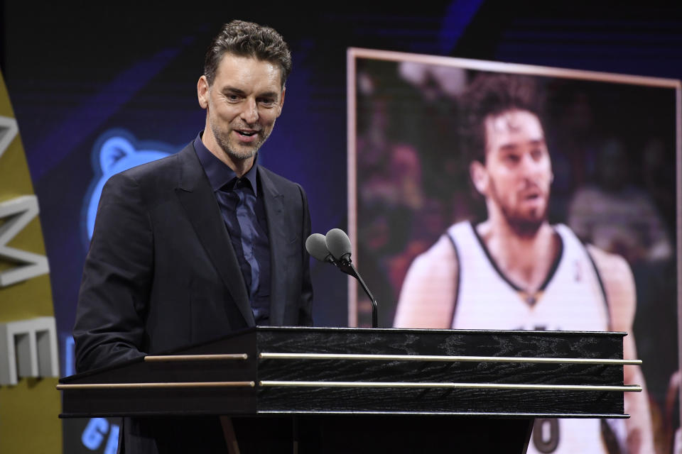 Pau Gasol speaks during his enshrinement at the Basketball Hall of Fame, Saturday, Aug. 12, 2023, in Springfield, Mass. (AP Photo/Jessica Hill)