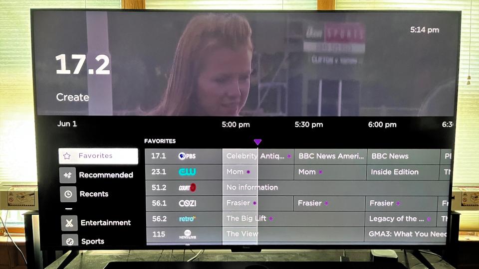 Roku Live TV Favorites sub-menu with antenna and streaming channels