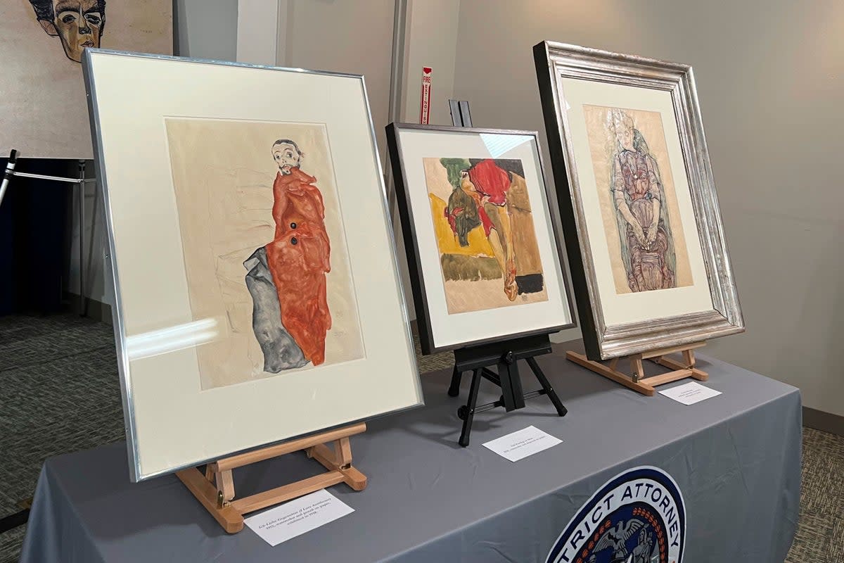 Works of art by Austrian expressionist artist Egon Schiele are on display at the Manhattan District Attorney's Office (Manhattan District Attorney’s Office via AP)