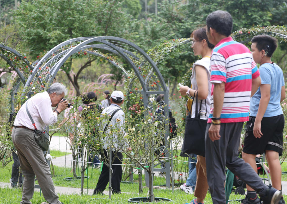 國慶連假出遊，民眾前往士林官邸公園踏青賞花，享受假期。（陳俊吉攝）