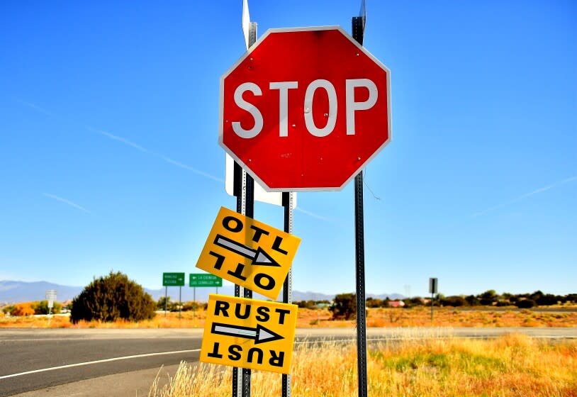 SANTA FE, NEW MEXICO - OCTOBER 22: A sign directs people to the road that leads to the Bonanza Creek Ranch where the movie "Rust" is being filmed on October 22, 2021 in Santa Fe, New Mexico. Director of Photography Halyna Hutchins was killed and director Joel Souza was injured on set while filming the movie "Rust" at Bonanza Creek Ranch near Santa Fe, New Mexico on October 21, 2021. The film's star and producer Alec Baldwin discharged a prop firearm that hit Hutchins and Souza. (Photo by Sam Wasson/Getty Images)