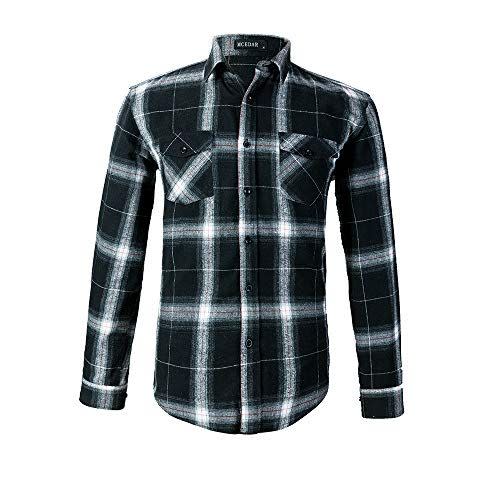 11) MCEDAR Men’s Plaid Flannel Shirts-Long Sleeve Casual Button Down Slim Fit Outfit for Camp Hanging Out or Work (XL, White-Black)