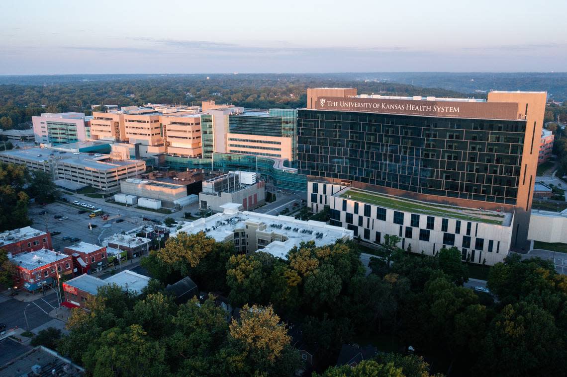 The University of Kansas Health System is seen along State Line Road in Kansas City.