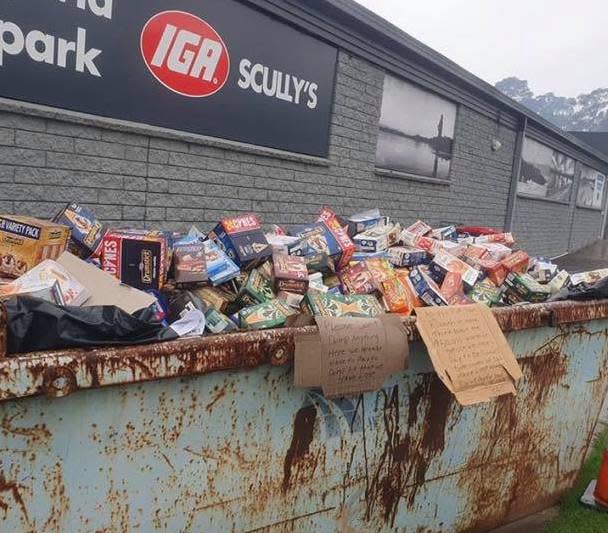 Picture of the skip bin, outside Batehaven IGA, near Batemans Bay on the NSW south Coast, and all the food which had to be thrown out.