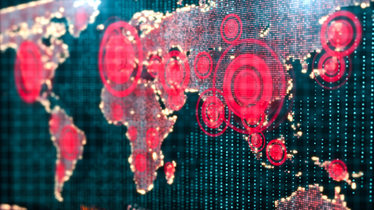 3D rendering Futuristic world map interactive displaying the Corona virus or COVID-19 outbreak concept,Digital design for Science and technology Background