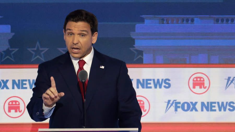 <em>Republican presidential candidate Florida Gov. Ron DeSantis participates in the first debate of the GOP primary season hosted by FOX News at Fiserv Forum on Aug. 23, 2023, in Milwaukee. (Photo by Win McNamee/Getty Images)</em>