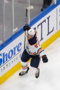 Edmonton Oilers' Connor McDavid celebrates a goal against the Chicago Blackhawks during the second period of an NHL hockey playoff game Wednesday, Aug. 5, 2020, in Edmonton, Alberta. (Codie McLachlan/The Canadian Press via AP)