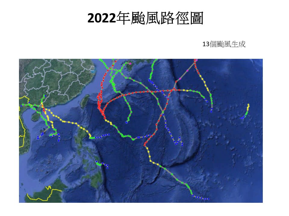 2022年颱風路徑圖，目前共生成13個颱風。（圖片來源：賈新興臉書)