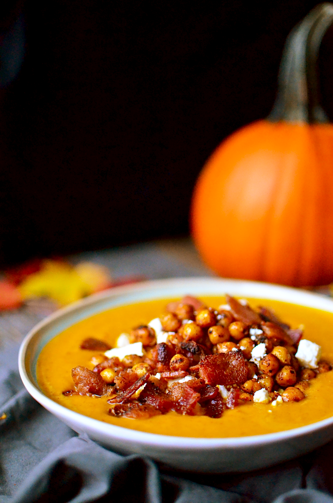 Spicy Pumpkin Soup with Bacon and Fried Chickpeas