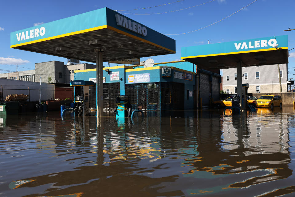 NEWARK, NEW JERSEY - SEPTEMBER 02:  A flooded Valero gas station is seen on South Street on September 02, 2021 in Newark, New Jersey. Gov. Phil Murphy declared a state of emergency due to Tropical Storm Ida which caused flooding and power outages throughout New Jersey as the Northeast was hit by record rain and tornadoes. Numerous deaths in New York and New Jersey have been blamed on the storm. NY Gov. Kathy Hochul has also declared a state of emergency. (Photo by Michael M. Santiago/Getty Images)