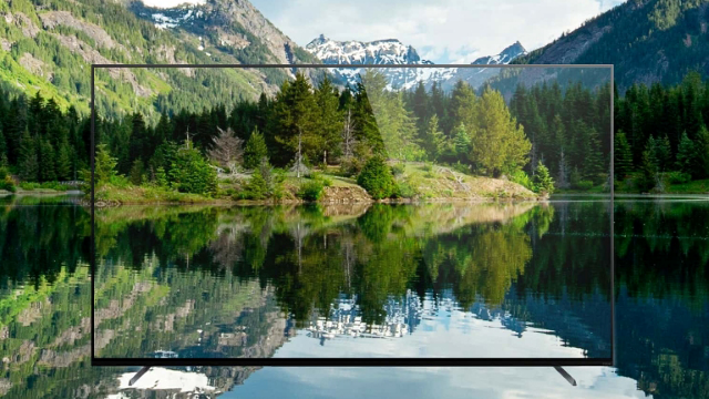  The new Sony BRAVIA display showing a green mountain range on a lake.  