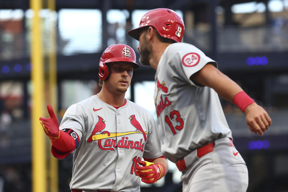 St. Louis Cardinals Nolan Gorman (16) reacts after hitting a grand slam home run against the Pittsburgh Pirates during a baseball game in Pittsburgh, Tuesday, July 2, 2024. (AP Photo/Jared Wickerham)