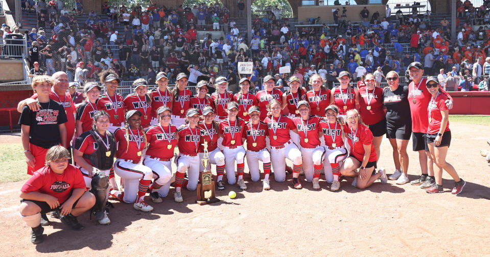 Lakota West Division I state girls softball champions celebrate their victory at Firestone Park in Akron, Ohio, Saturday, June 4, 2022.
