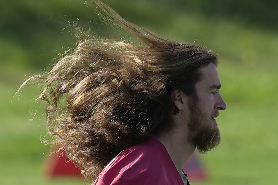 New York Giants punter Jamie Gillan attends a practice session at Hanbury Manor in Ware, England, Friday, Oct. 7, 2022 ahead the NFL game against Green Bay Packers at the Tottenham Hotspur stadium on Sunday. (AP Photo/Kin Cheung)