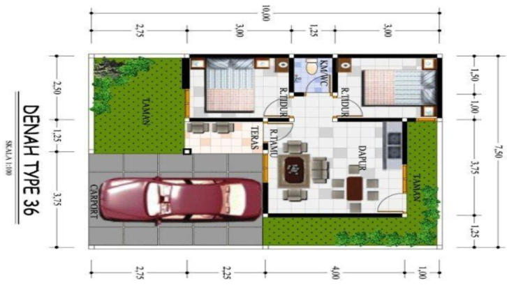 Dengan ruangan yang sedikit terbatas dan fungsional, denah rumah ini juga memungkinkan untuk memiliki taman di bagian depan dan belakang rumah. (Foto: Denahmah.blogspot.com)