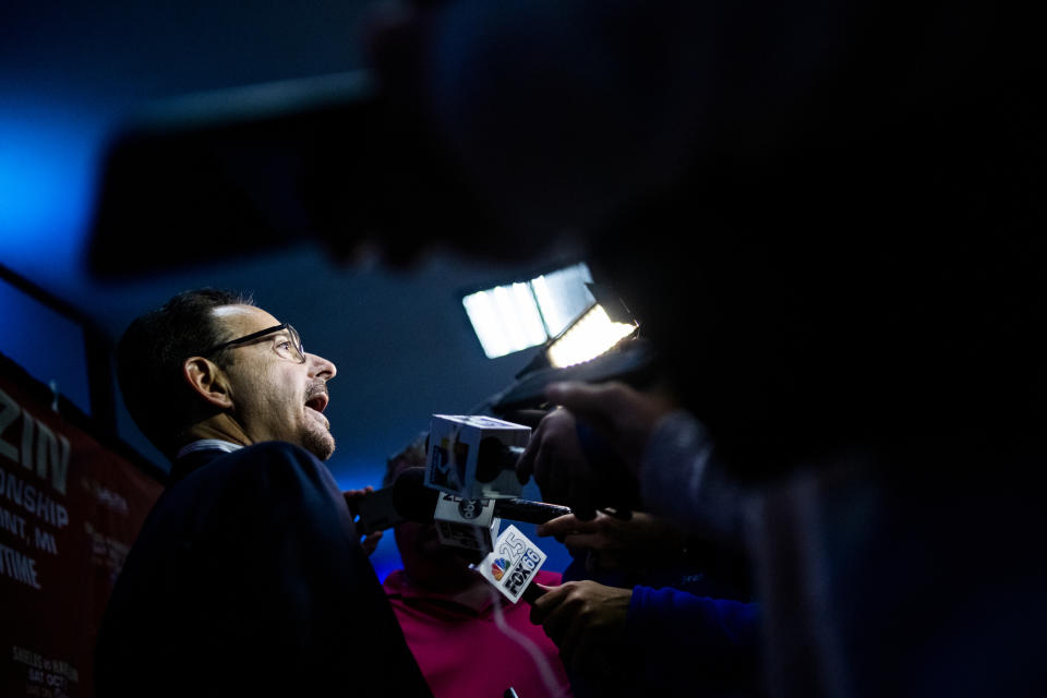 Mark Taffet, Claressa Shields' manager, speaks with reporters after Ivana Habazin's trainer Bashir Ali was sucker punched and fell to the ground after a man hit him minutes prior to the weigh-in on Friday, Oct. 4, 2019 at Dort Federal Event Center in Flint. Ali was sent to McLaren Hospital in Flint to be treated. Shields and Habazin are scheduled to fight Saturday for the WBO and WBC super welterweight championships. "It's unfair to assess or address anything until we make sure first that her trainer is fine, and that she is calm and comfortable," Taffet said. (Jake May/The Flint Journal via AP)