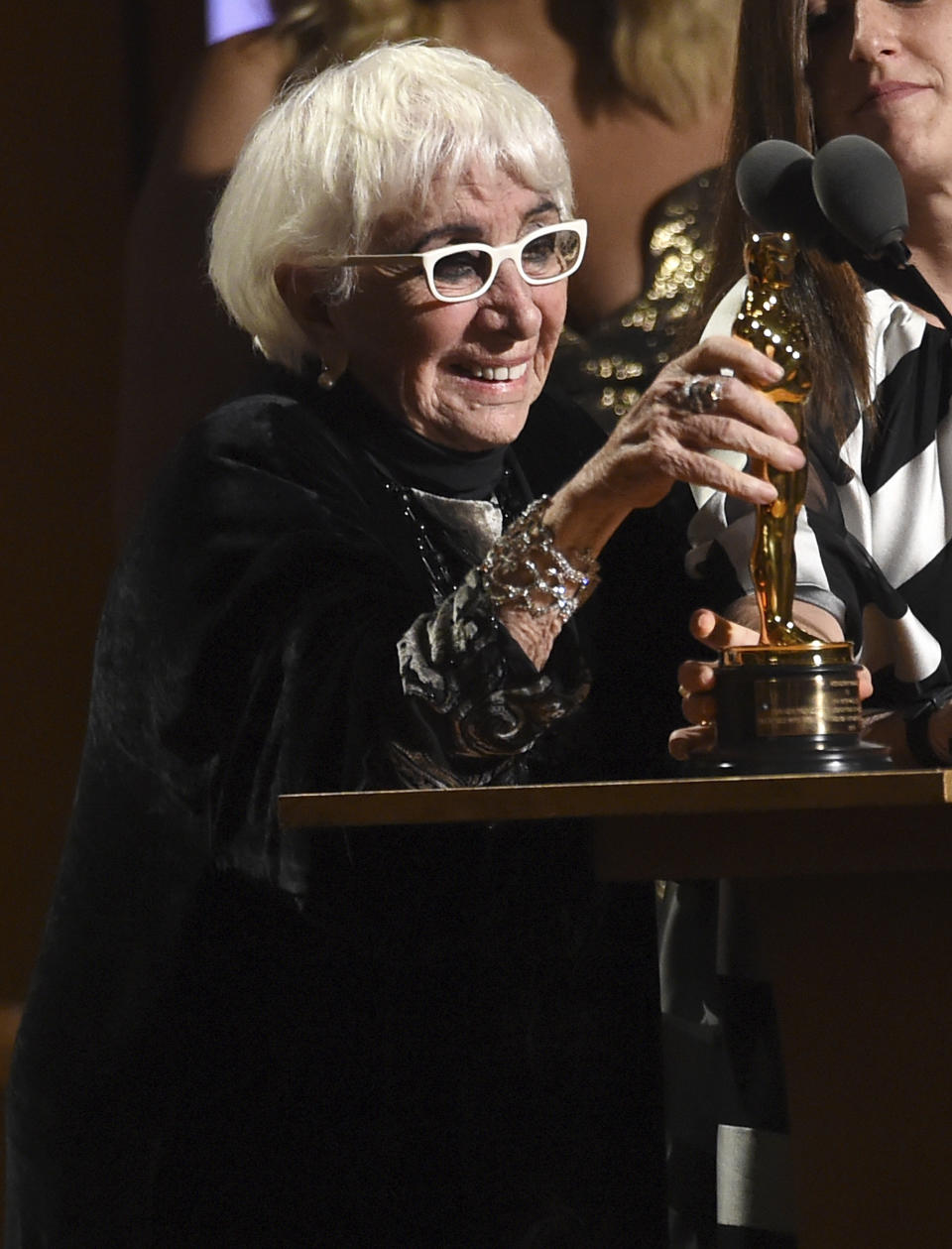 FILE - Lina Wertmueller accepts her honorary award at the Governors Awards on Sunday, Oct. 27, 2019, at the Dolby Ballroom in Los Angeles. Italian director Lina Wertmueller, the first woman to receive an Oscar nomination for directing, has died, news reports and the Italian Culture Ministry said Thursday Dec. 9, 2021. She was 93. (Photo by Chris Pizzello/Invision/AP, File)