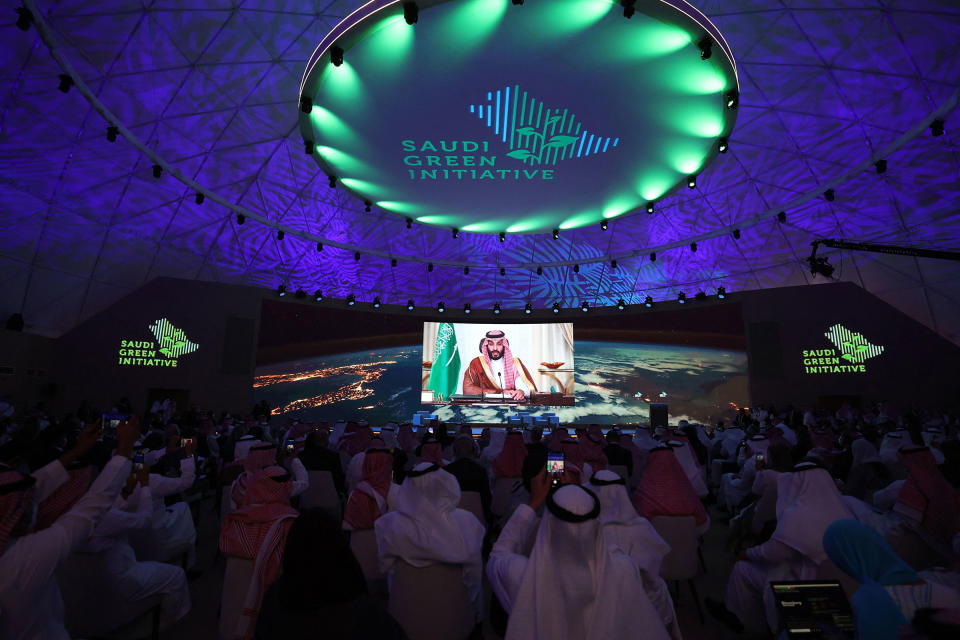 Crown Prince Mohammed bin Salman addresses the Saudi Green Initiative forum in Riyadh on Oct. 23, 2021<span class="copyright">Fayez Nureldine—AFP/Getty Images</span>