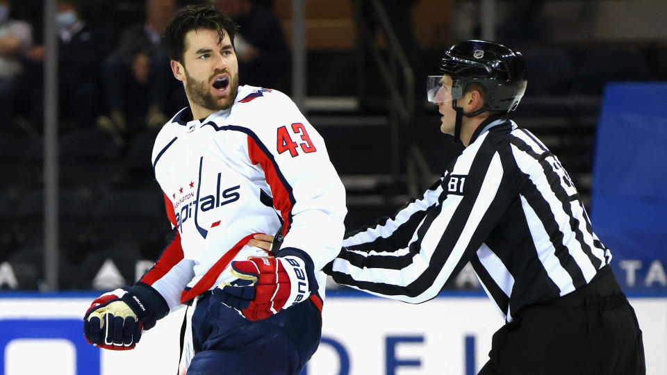 Tom Wilson spoke to the media on Friday for the first time since he spraked a brawl between the Capitals and Rangers. (Photo by Bruce Bennett/Getty Images)