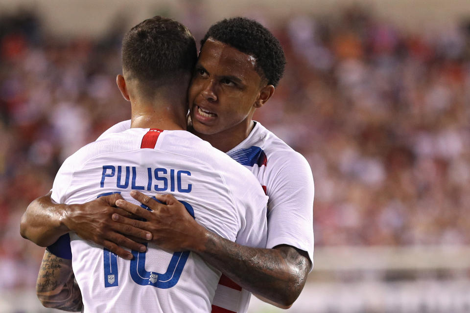 United States midfielder Weston McKennie posted a video featuring more than two dozen athletes, including U.S. teammate Christian Pulisic, speaking out against police brutality. (Patrick Smith/Getty Images)