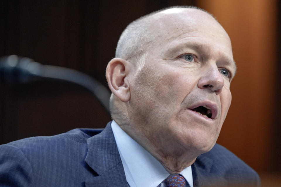 Boeing CEO David Calhoun testifies at a Senate Homeland Security Subcommittee on Investigations at the Capitol Hill Tuesday, June 18, 2024, in Washington. (AP Photo/Mariam Zuhaib)