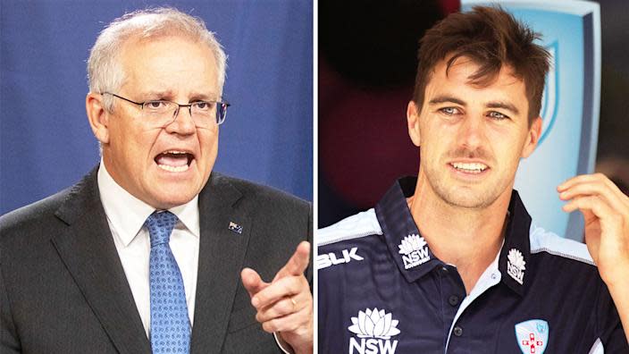 Pictured left, Australian PM Scott Morrison and Aussie star Pat Cummins on the right.