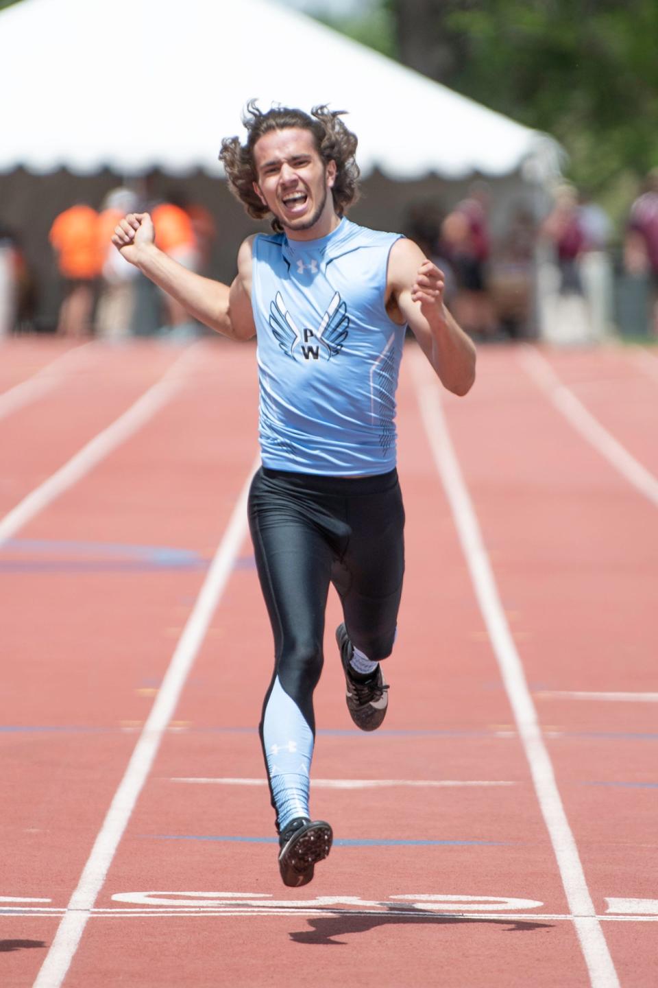 Pueblo West's Ryan King crosses the finish line in the 400 meter dash during the Class 4A state track and field meet at Jeffco Stadium on Thursday, May 19, 2022.