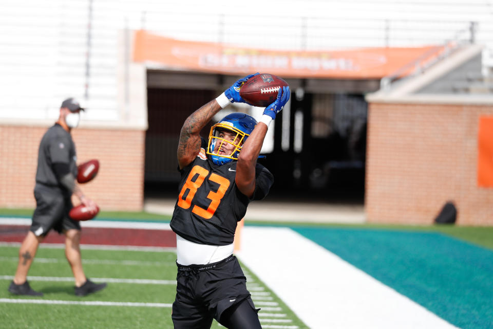 South Dakota State WR Cade Johnson possesses limited length, but he's a playmaker worth watching. (Photo by Senior Bowl/Collegiate Images/Getty Images)