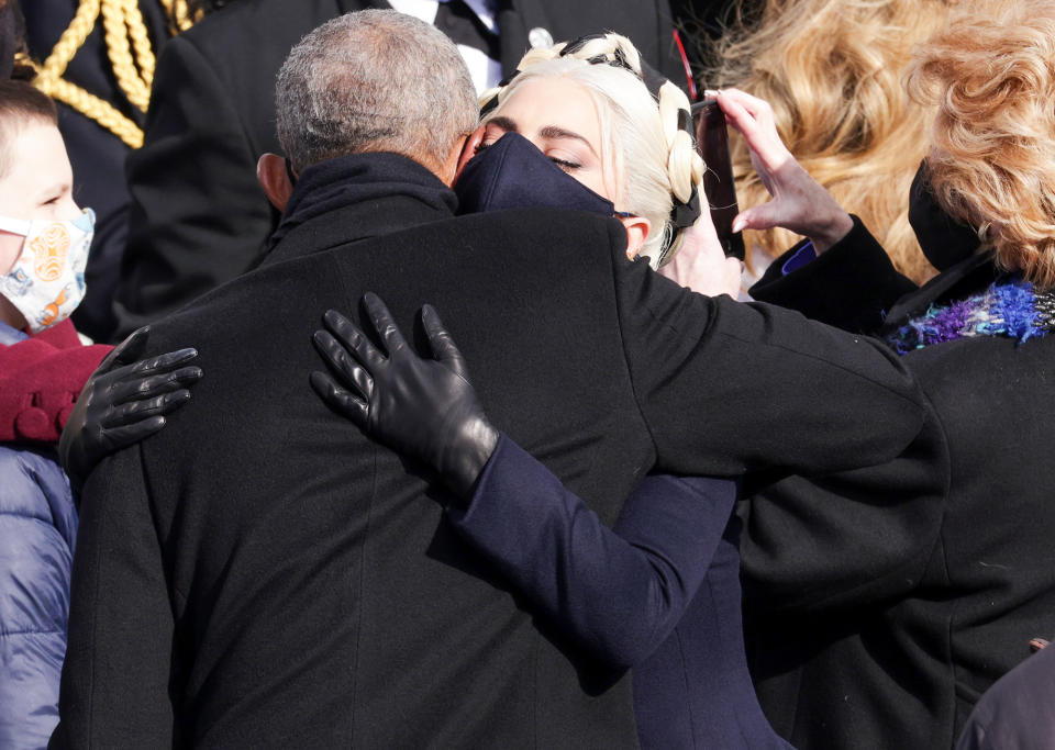 <p>Former President Obama gives Lady Gaga a hug. </p>