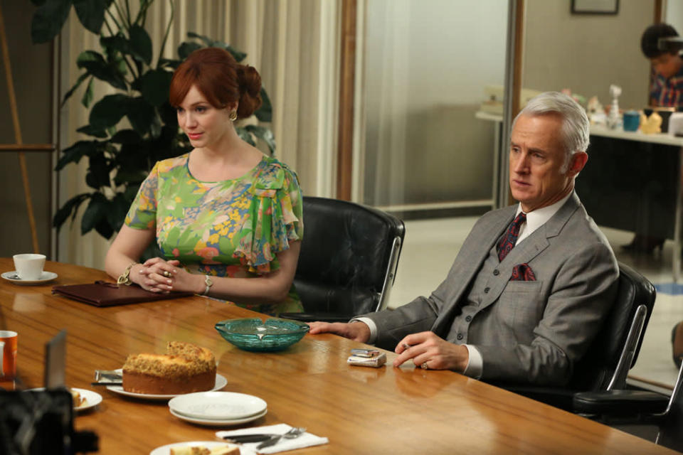 Joan Harris (Christina Hendricks) and Roger Sterling (John Slattery) in the "Mad Men" episode, "A Tale of Two Cities."