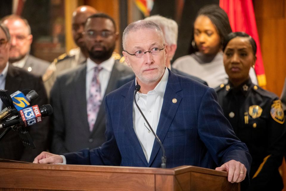 State Sen. Brent Taylor speaks during a press conference where Tennessee House Speaker Cameron Sexton announced plans to introduce a bill that would amend the state constitution and allow judges to not set bail for a wider variety of violent charges at Memphis City Hall on Friday, January 26, 2024.