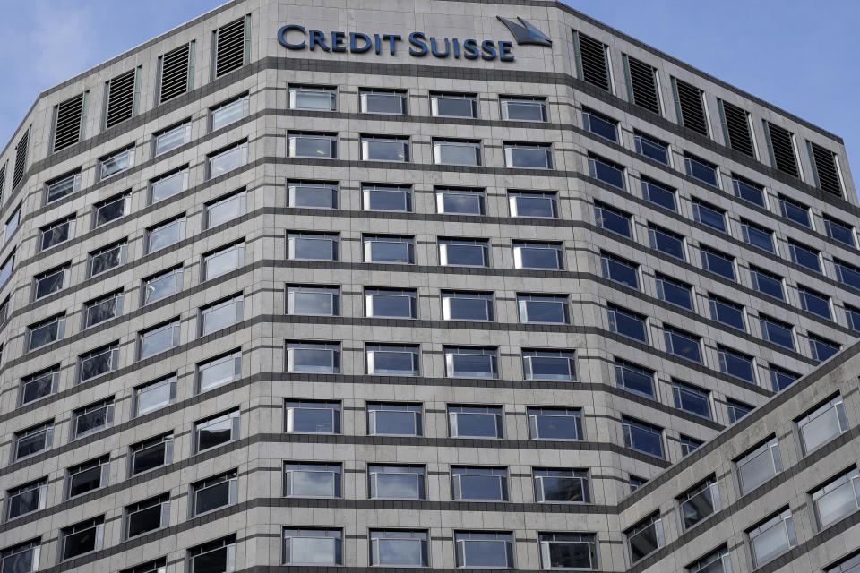 The Credit Suisse bank headquarters in London, Thursday, March 16, 2023. Credit Suisse's shares soared 30% on Thursday after it announced it will move to shore up its finances by borrowing up to nearly $54 billion from the Swiss central bank, bolstering confidence as fears about the banking system moved from the U.S. to Europe.(AP Photo/Frank Augstein)