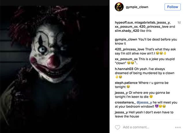 A photo and comments from the Instagram account of gympie_clown who reportedly sent a threatening picture message to a young Queensland girl. Picture: Instagram/creepy_clown