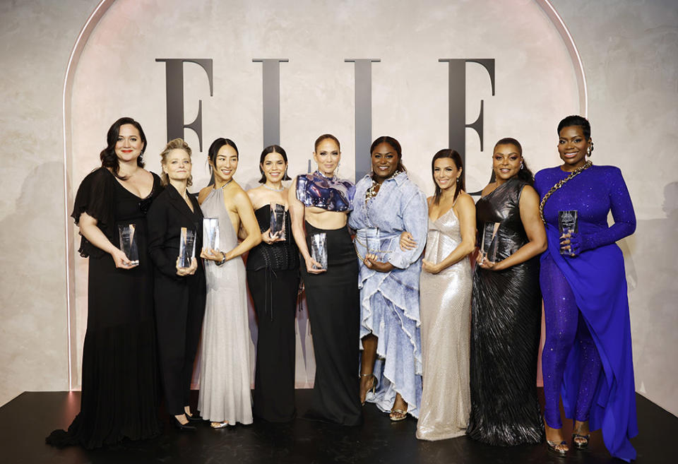 Lily Gladstone, Jodie Foster, Greta Lee, America Ferrera, Jennifer Lopez, Danielle Brooks, Eva Longoria, Taraji P. Henson and Fantasia Barrino attend ELLE's 2023 Women in Hollywood Celebration Presented by Ralph Lauren, Harry Winston and Viarae at Nya Studios on December 05, 2023 in Los Angeles, California.